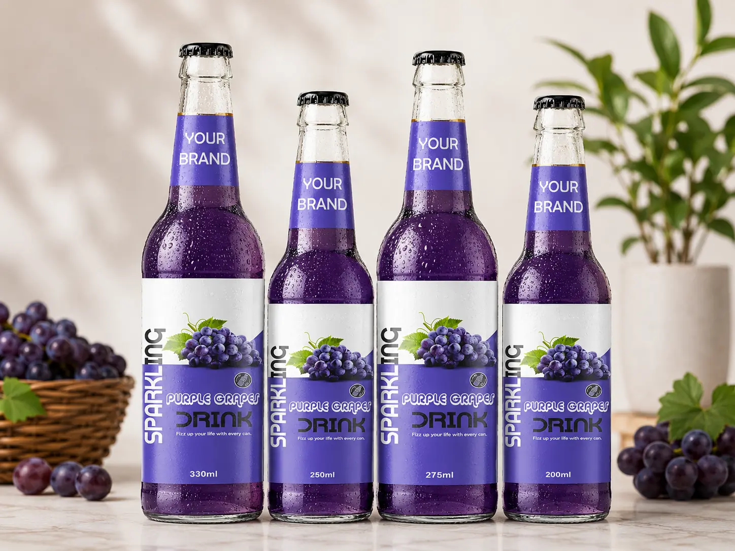 SSPARKLING DRINK Purple Grapes Flavored Drink in 330ml, 250ml, 275ml, and 200ml glass bottles.